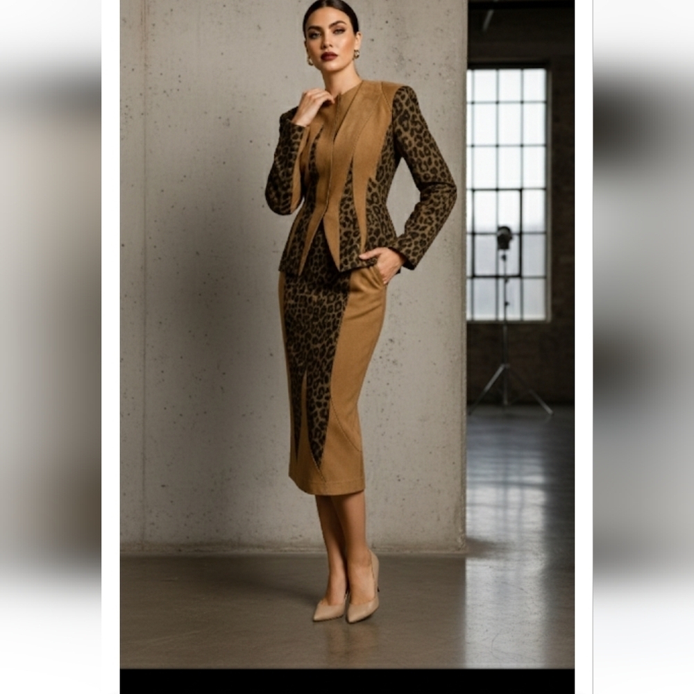 Susanna Tan and Black Blazer Set with Leopard Print Size 8